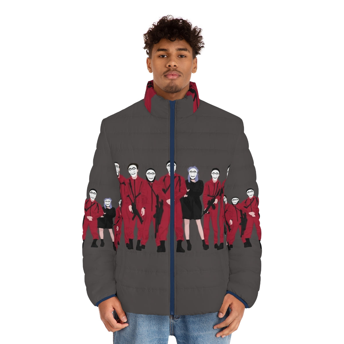 Stylish and Warm Money Heist Puffer Jacket with Vibrant Graphics - men front