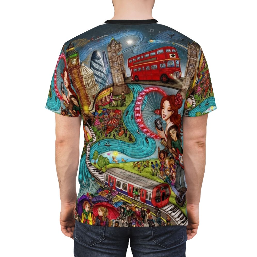 Customizable t-shirt featuring a bold urban design capturing the diverse sounds of London - men back