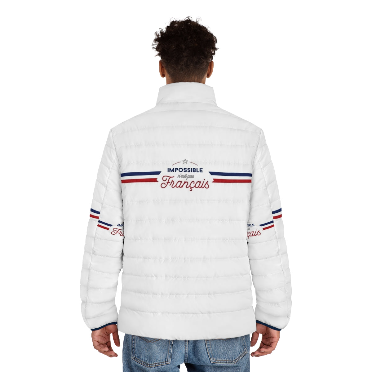 Retro French slogan puffer jacket with vintage French national team design - men back