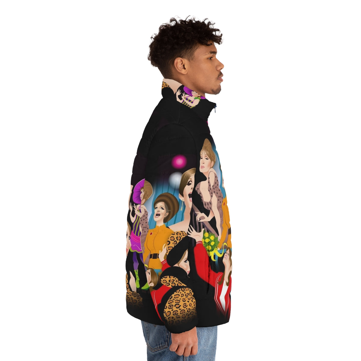 Funny puffer jacket with Alejandro Mogollo art designs - men side right