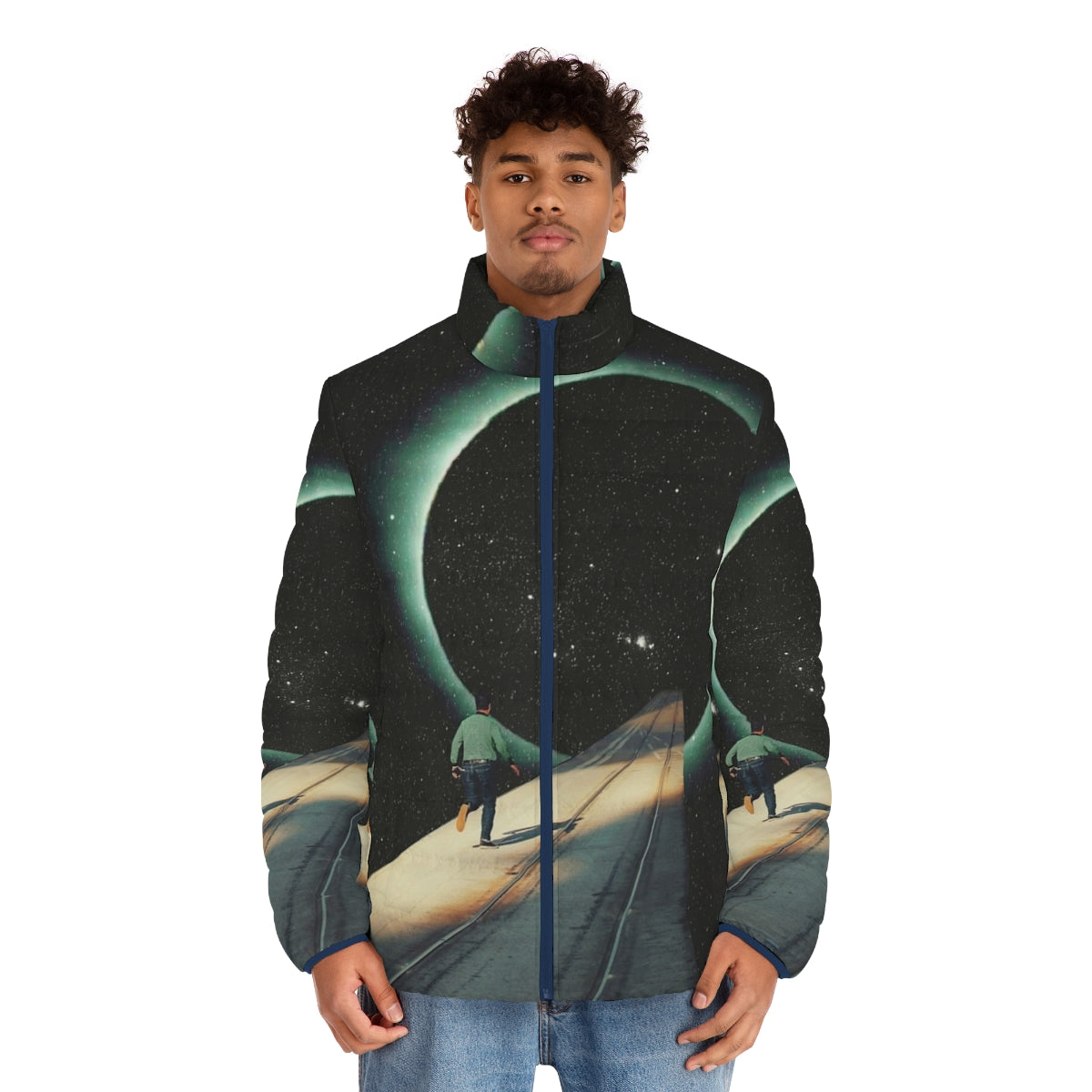 Puffer jacket with digital collage of space, planets, and a lone figure on a cosmic journey - men front