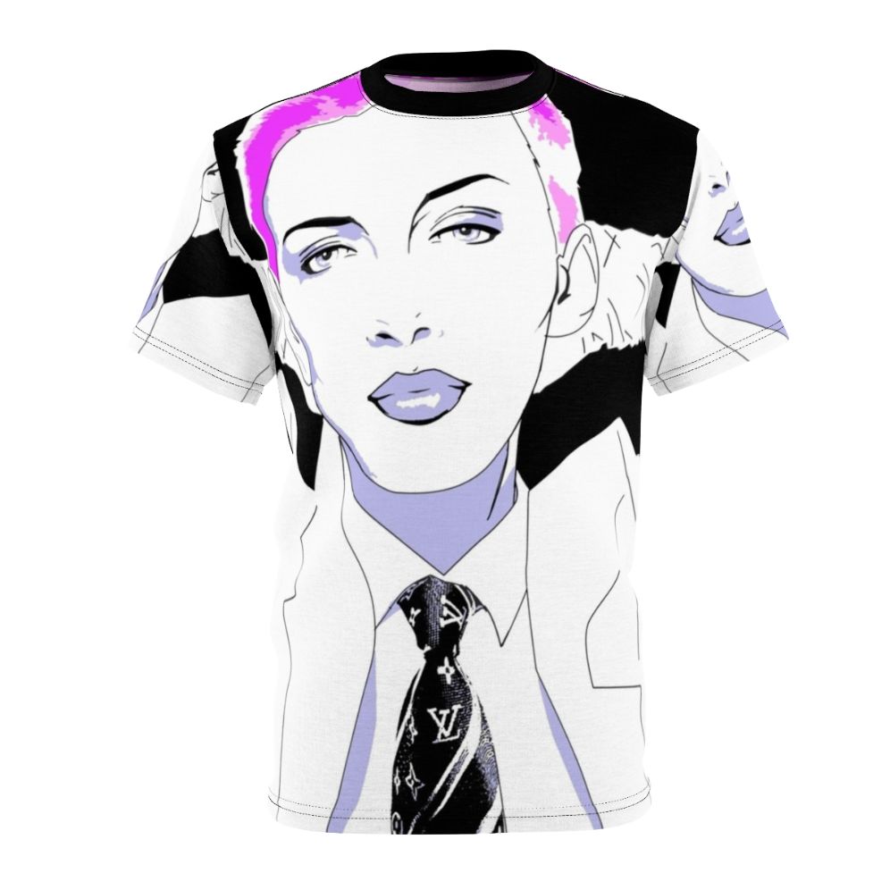 Vibrant purple AOP t-shirt with a retro pop art design featuring Annie Lennox, the iconic British singer and co-founder of the 80s band Eurythmics.