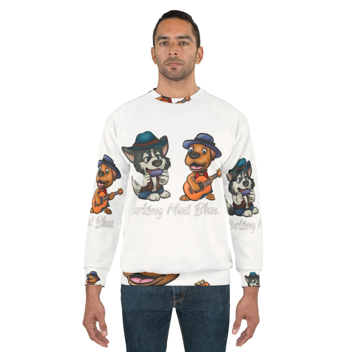 Blues sweatshirt featuring a cartoon malamute musician - men