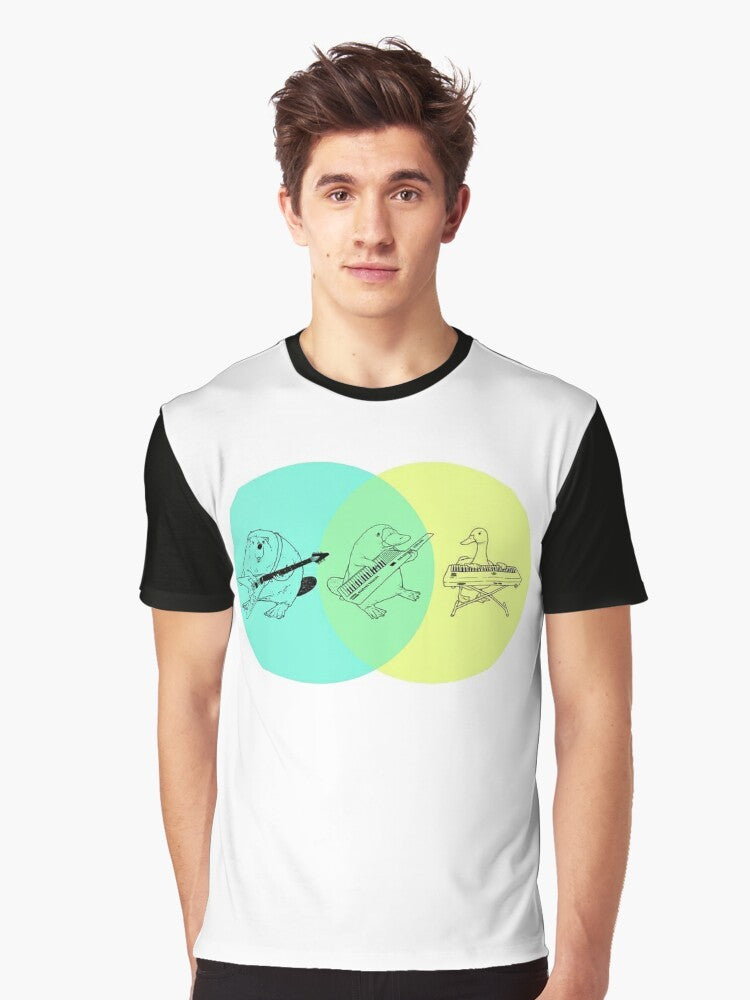 A graphic t-shirt featuring a Venn diagram with a keytar and platypus design, representing a quirky, fun, and hip style. - Men