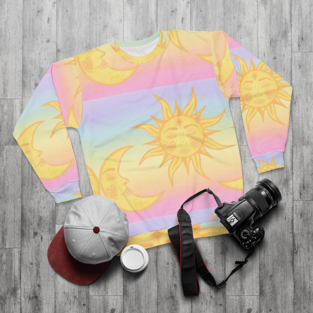 Bohemian Celestial Hippie Sun and Moons Sweatshirt - flat lay