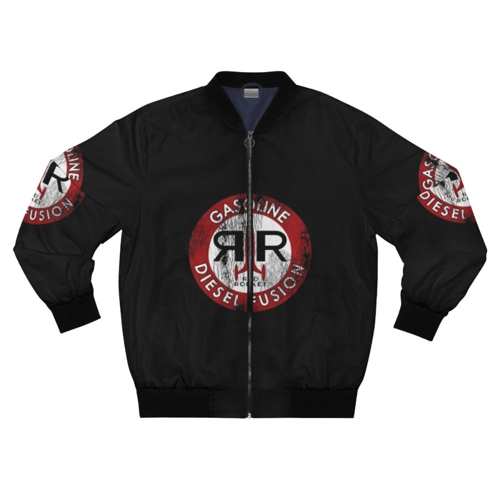 Red bomber jacket with red rocket logo