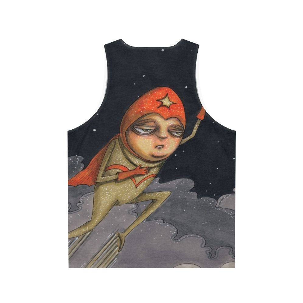 Captain Enthusiasm unisex tank top with a hand-drawn superhero design - Back