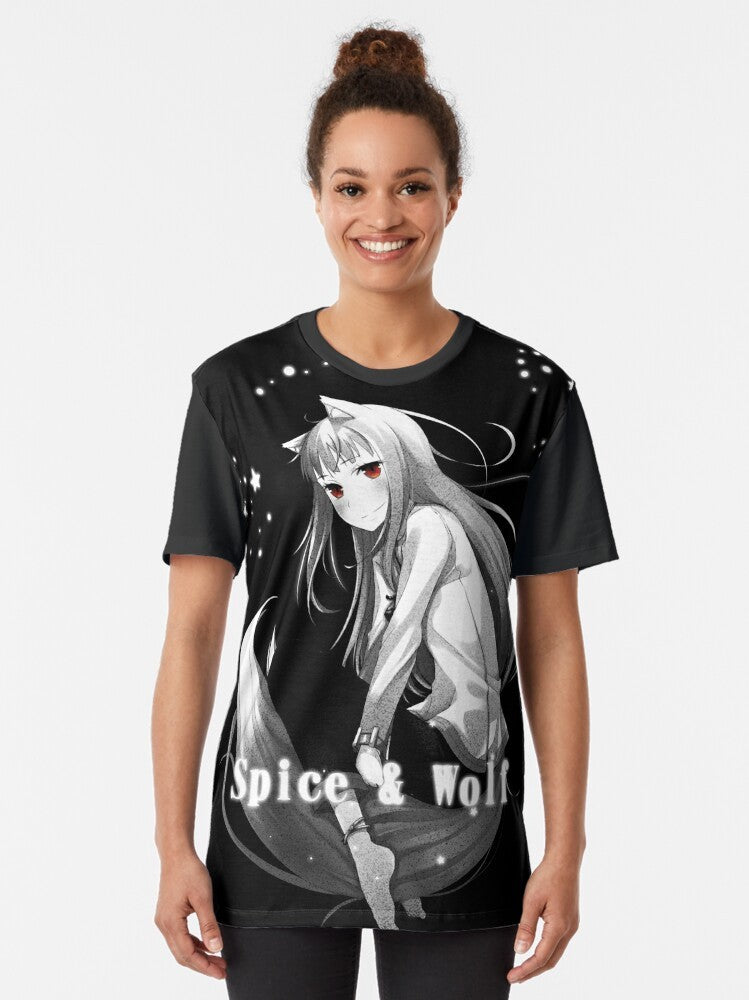 Spice and Wolf anime-inspired graphic t-shirt featuring a wolf design in a monochrome, fantasy style - Women