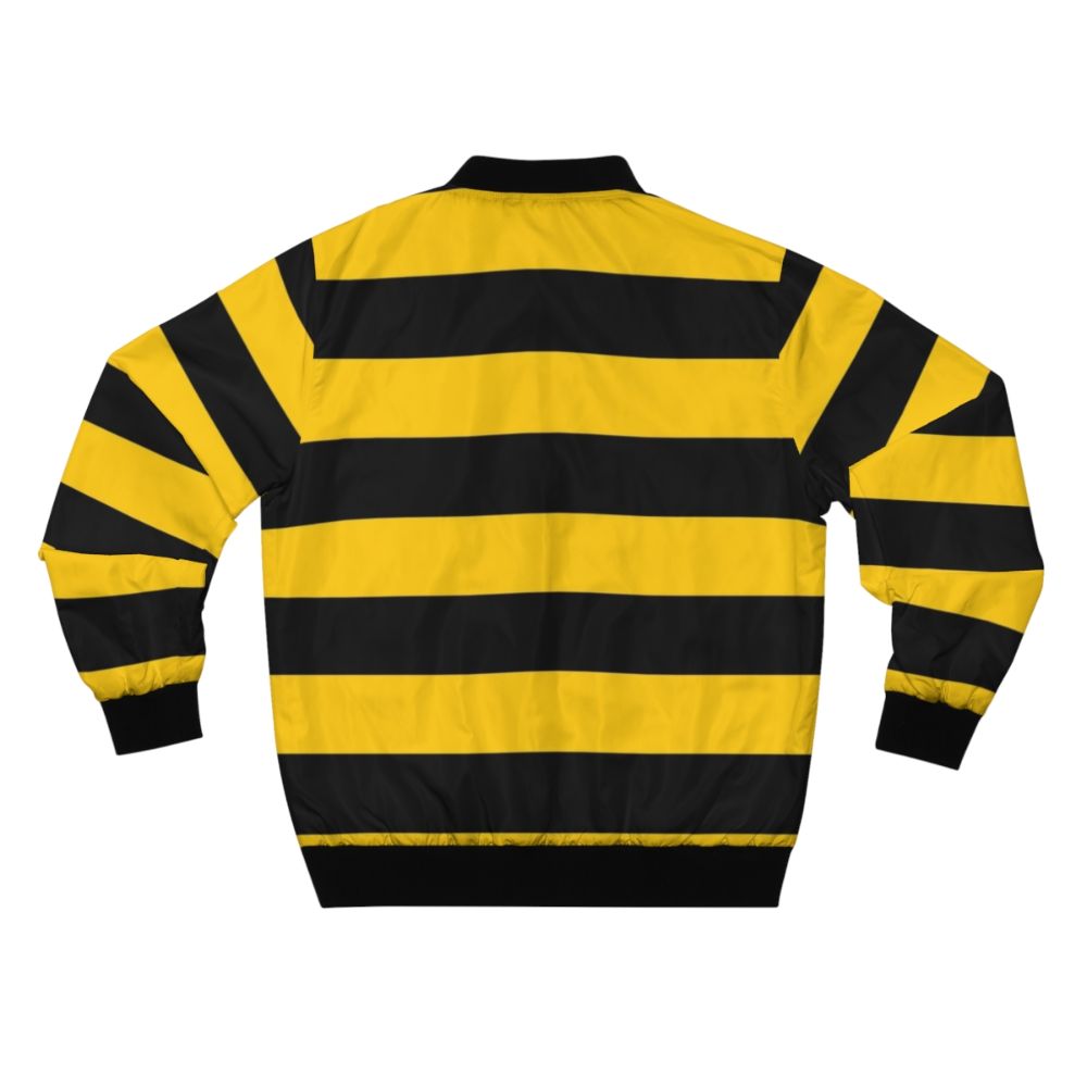 A stylish bomber jacket featuring a bee-inspired design with yellow and black stripes. - Back