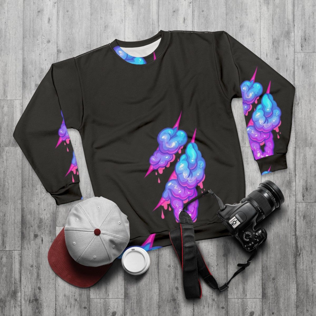 Pastel goth inside out sweatshirt with candy gore and slime - flat lay