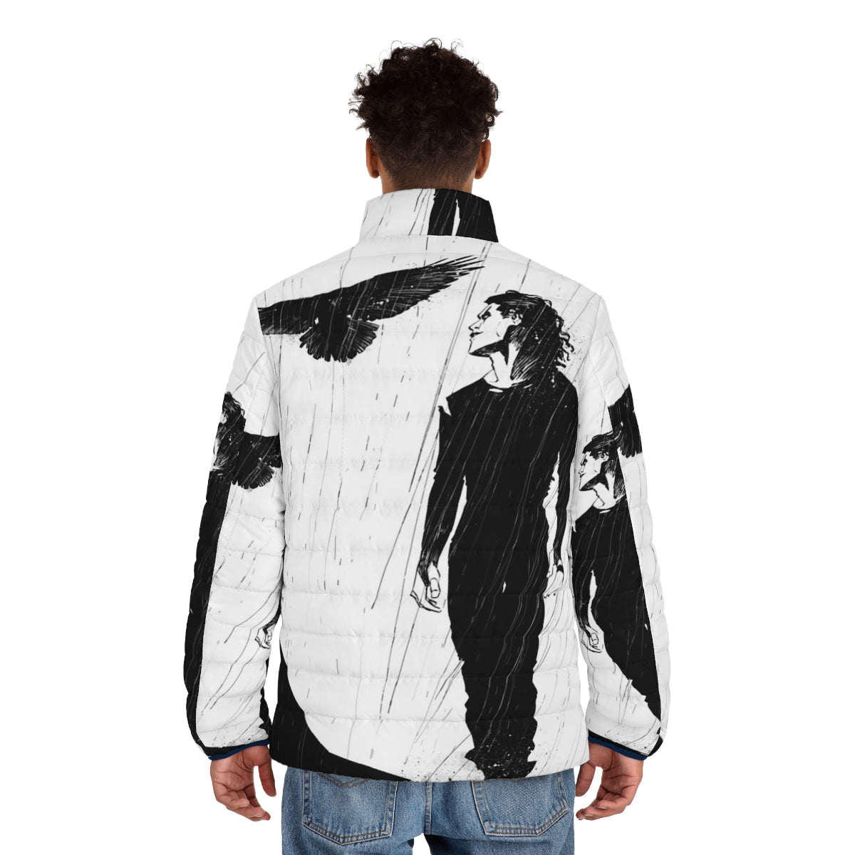 The Raven Puffer Jacket featuring Brandon Lee in a black and white photo - men back