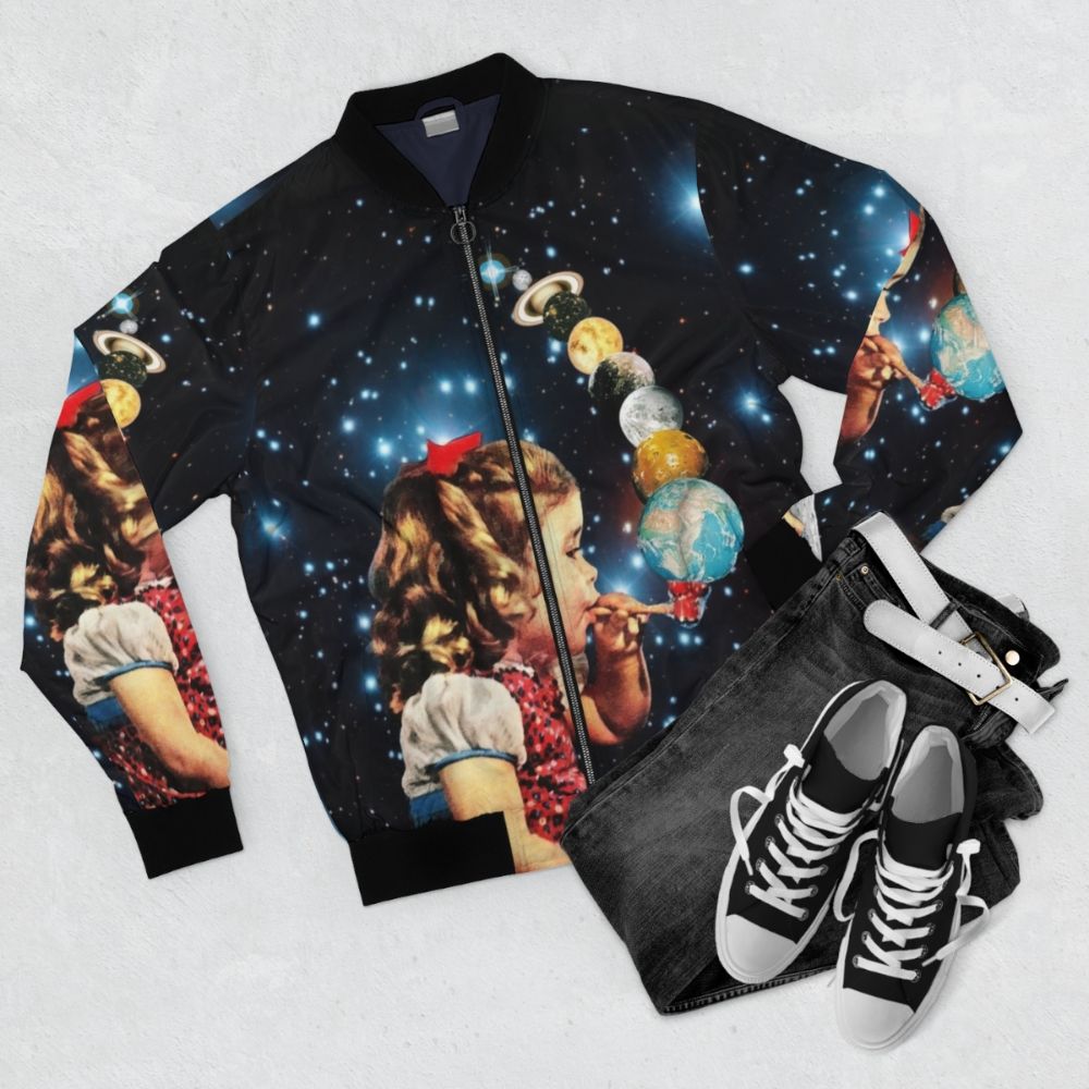 Vintage collage bomber jacket with surreal, psychedelic design - Flat lay