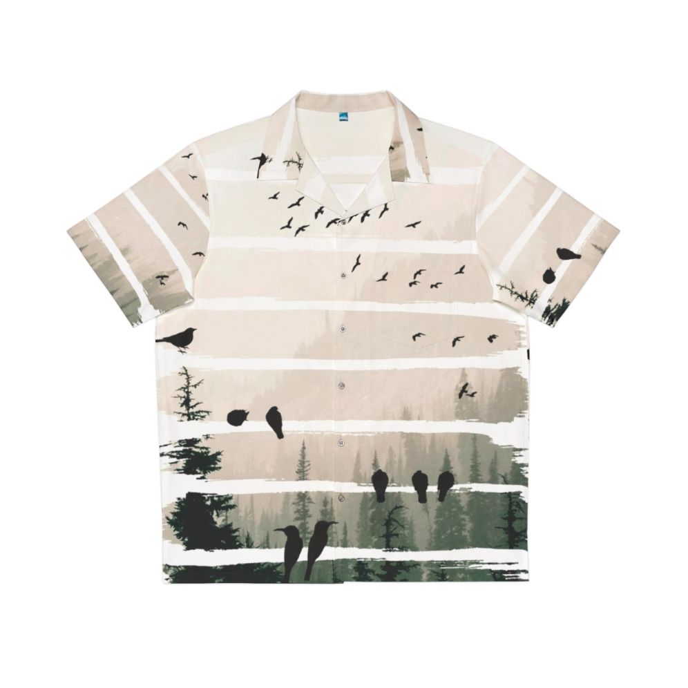 Sunset Hawaiian shirt with birds watching in misty forest landscape