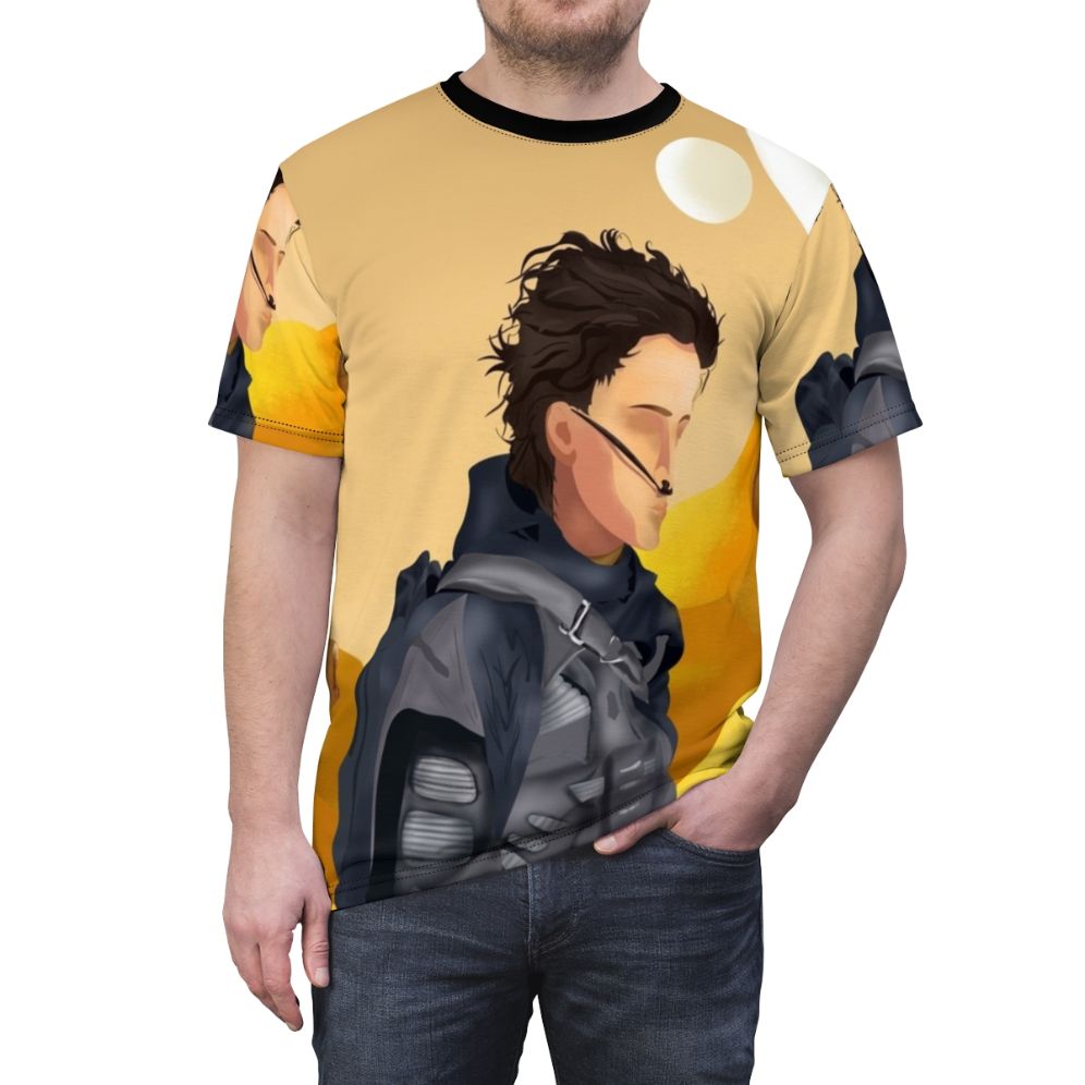 Dune-inspired t-shirt featuring the moons of Arrakis and a stylized portrait of Paul Atreides - men front