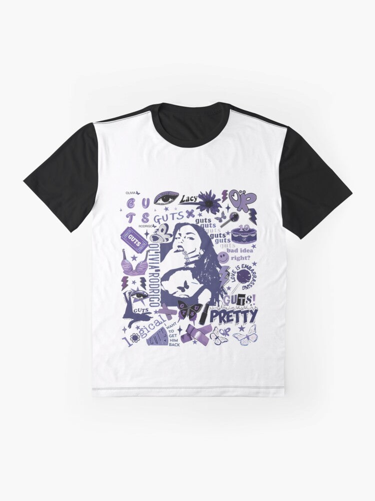 Vintage-style graphic t-shirt featuring "Olivia's Tour 2024" and pop music elements - Flat lay