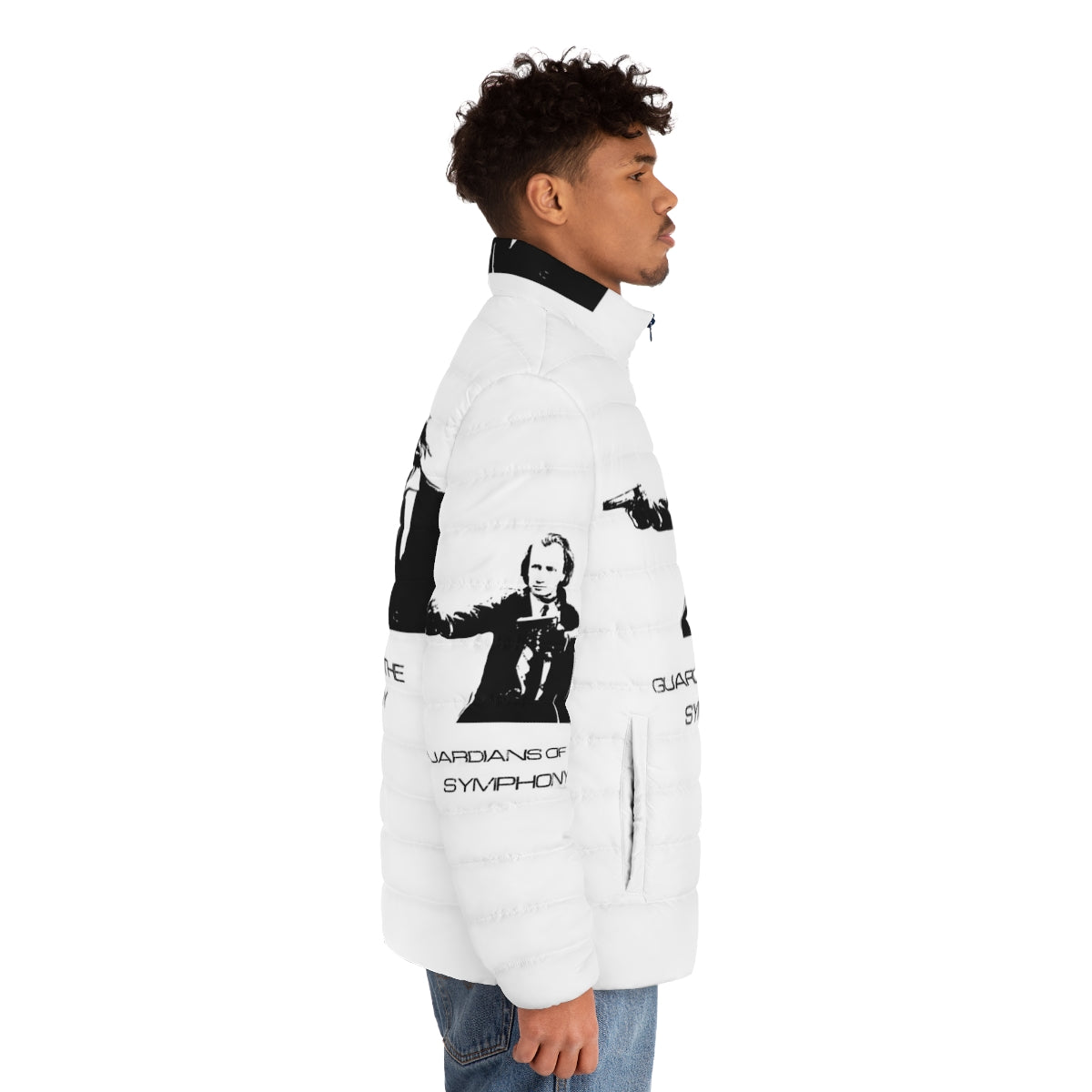 Composers puffer jacket featuring Brahms, Beethoven, and other classical music greats - men side right