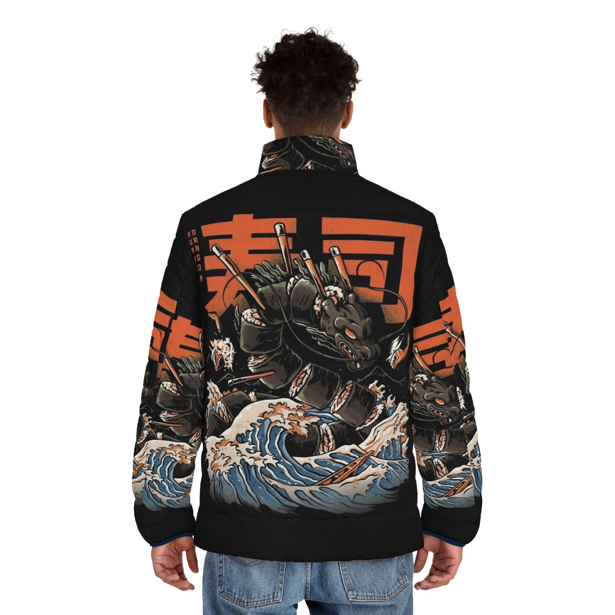 Black puffer jacket with sushi dragon graphic design - men back