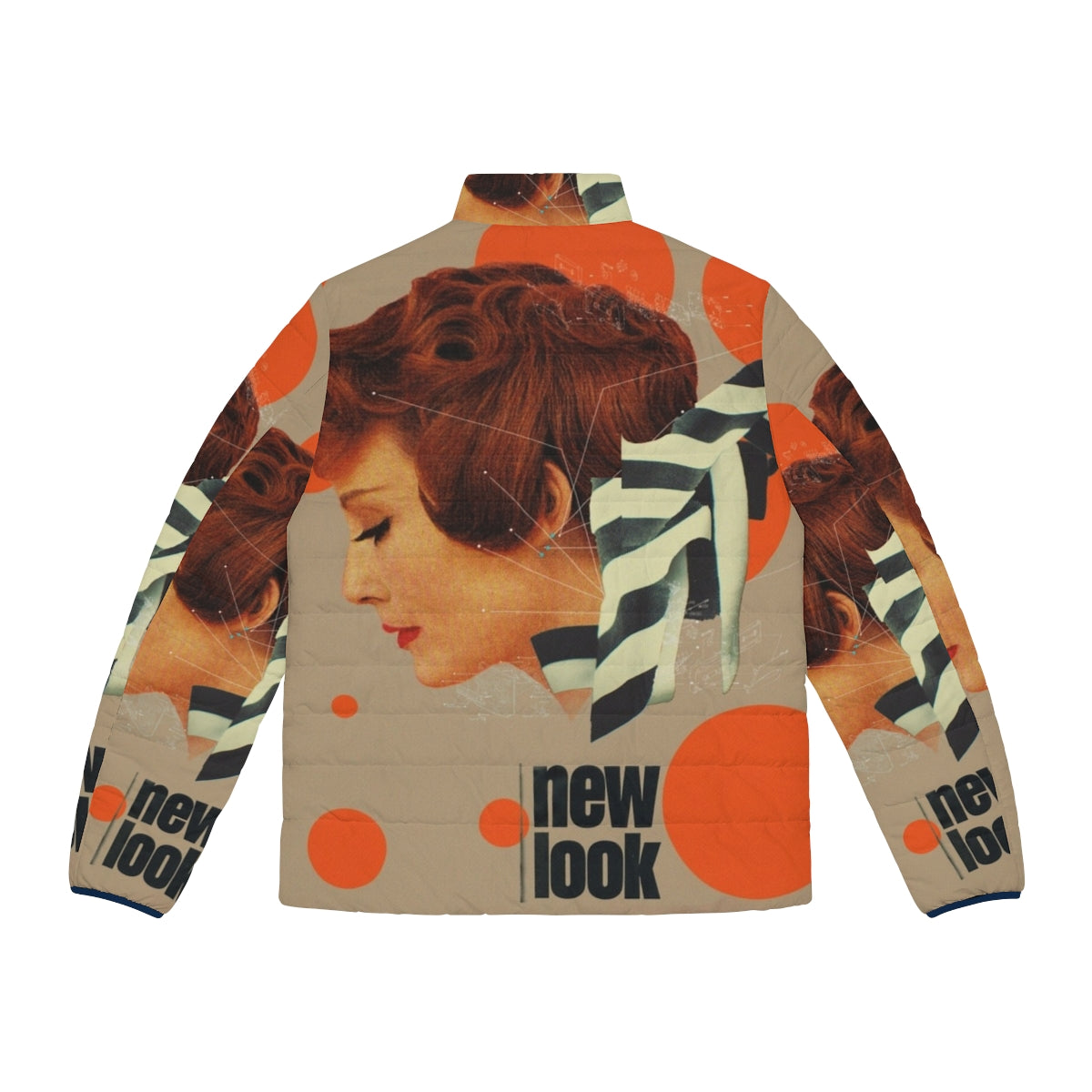 Woman wearing a retro-inspired puffer jacket in orange and black and white geometric design - Back