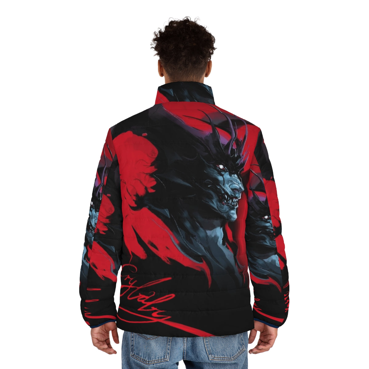 Devilman Crybaby inspired puffer jacket with demon design - men back