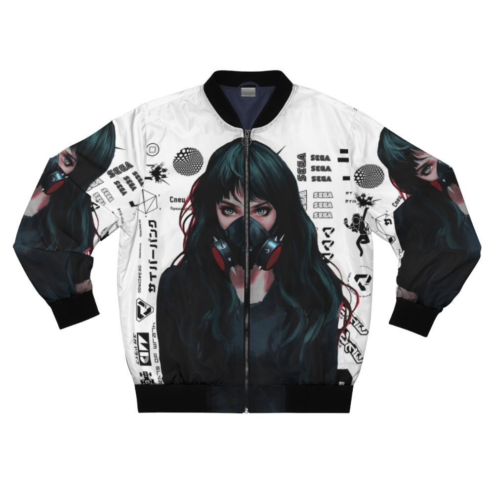 Cyberpunk-inspired bomber jacket with futuristic gamer girl design and vibrant patterns