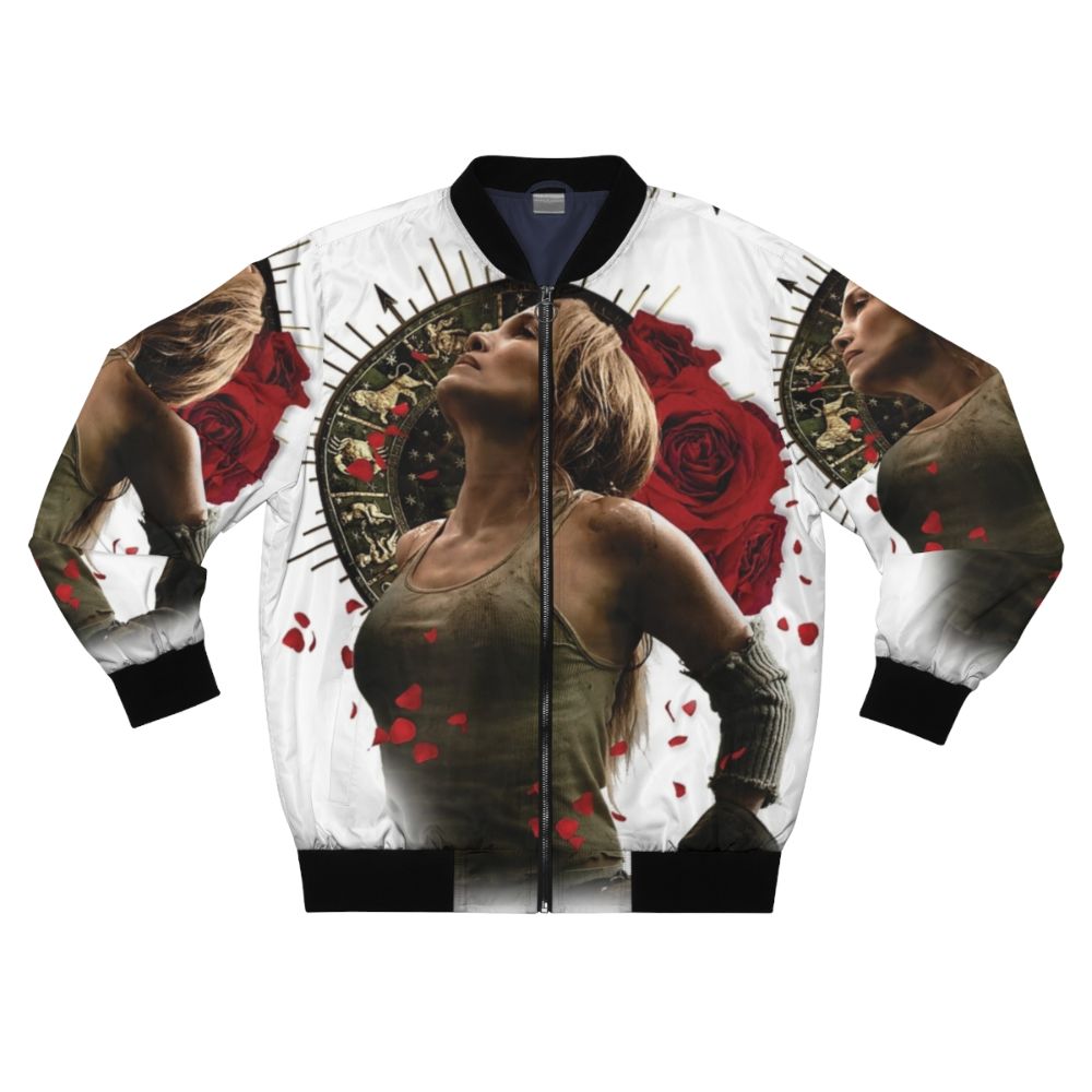 A fierce and stylish bomber jacket featuring a photo print of Jennifer Lopez