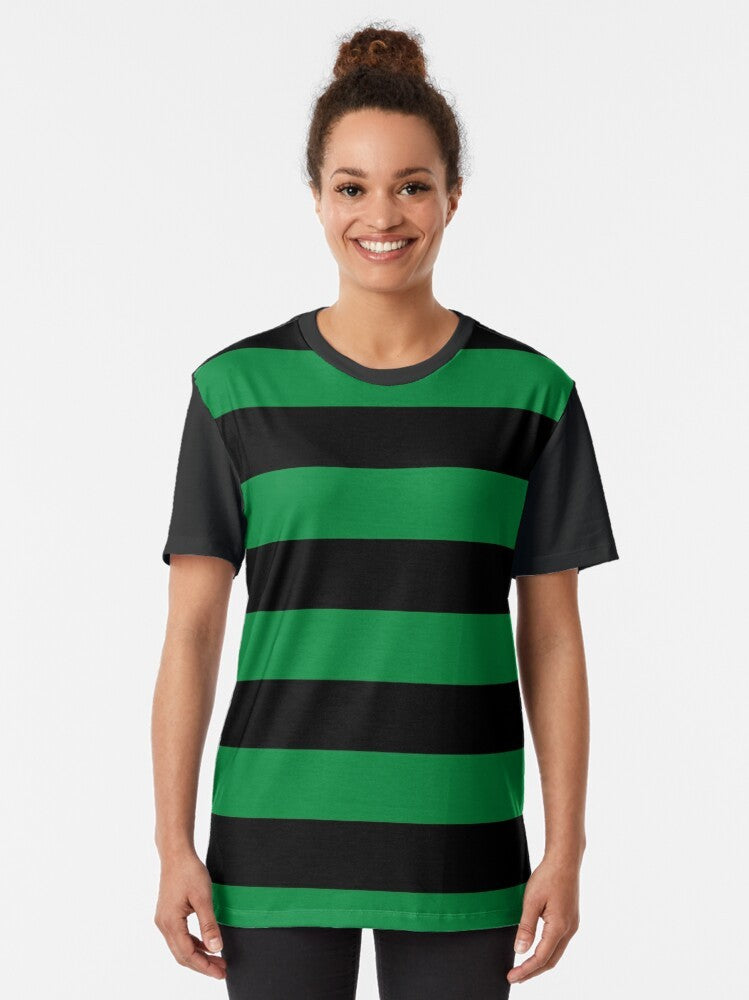 Striped green graphic t-shirt with horizontal lines - Women