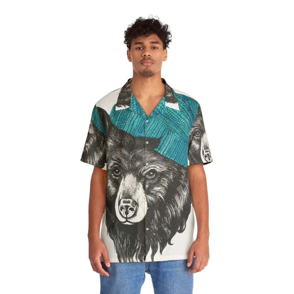 Blue Hawaiian shirt with tropical bear print design - People Front