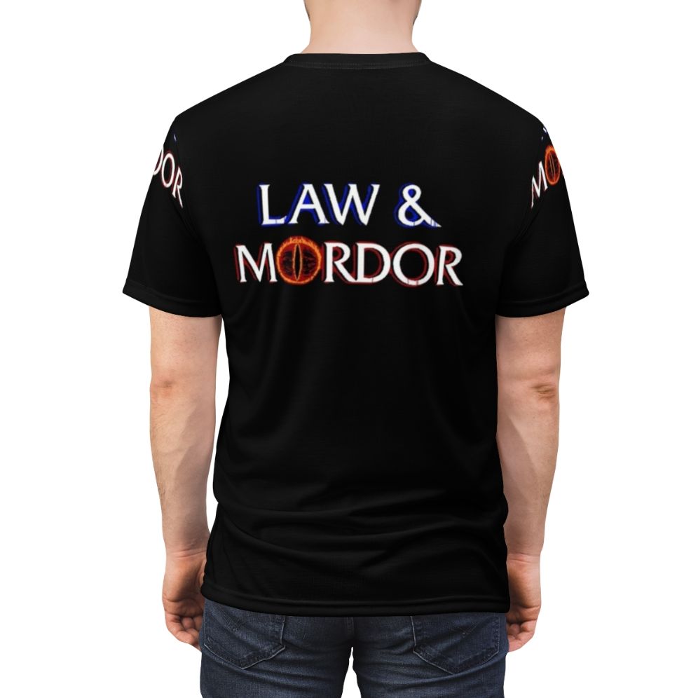 Mockup of a high-quality t-shirt with a "Law and Mordor" design, showcasing a play on words from the Lord of the Rings franchise. - men back