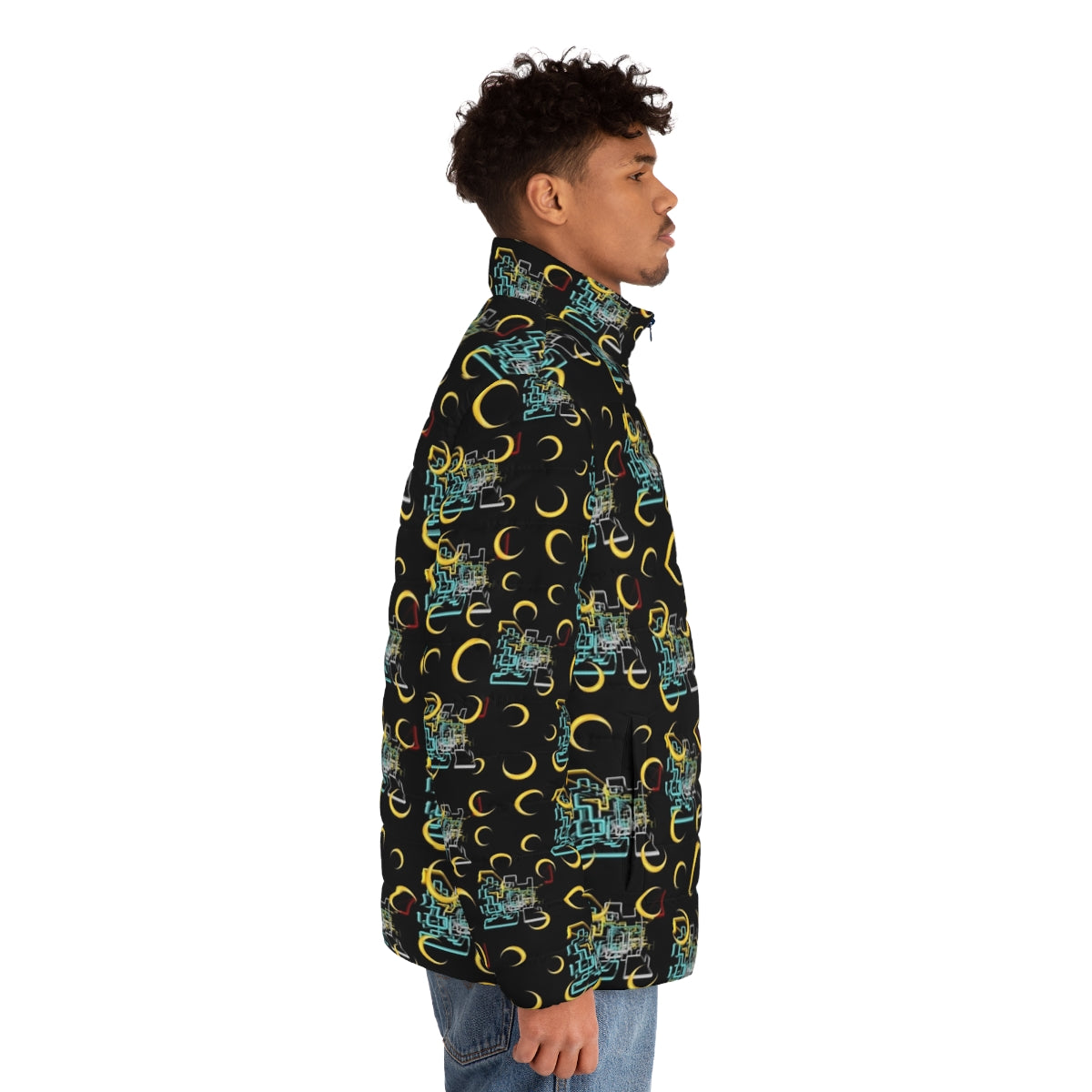 Colorful dan flashes pattern puffer jacket with abstract and graphic designs - men side right