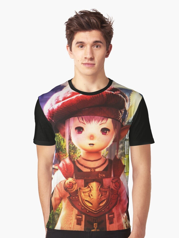 Graphic t-shirt featuring Tataru, the wise accountant character from the video game Final Fantasy XIV (FFXIV) - Men