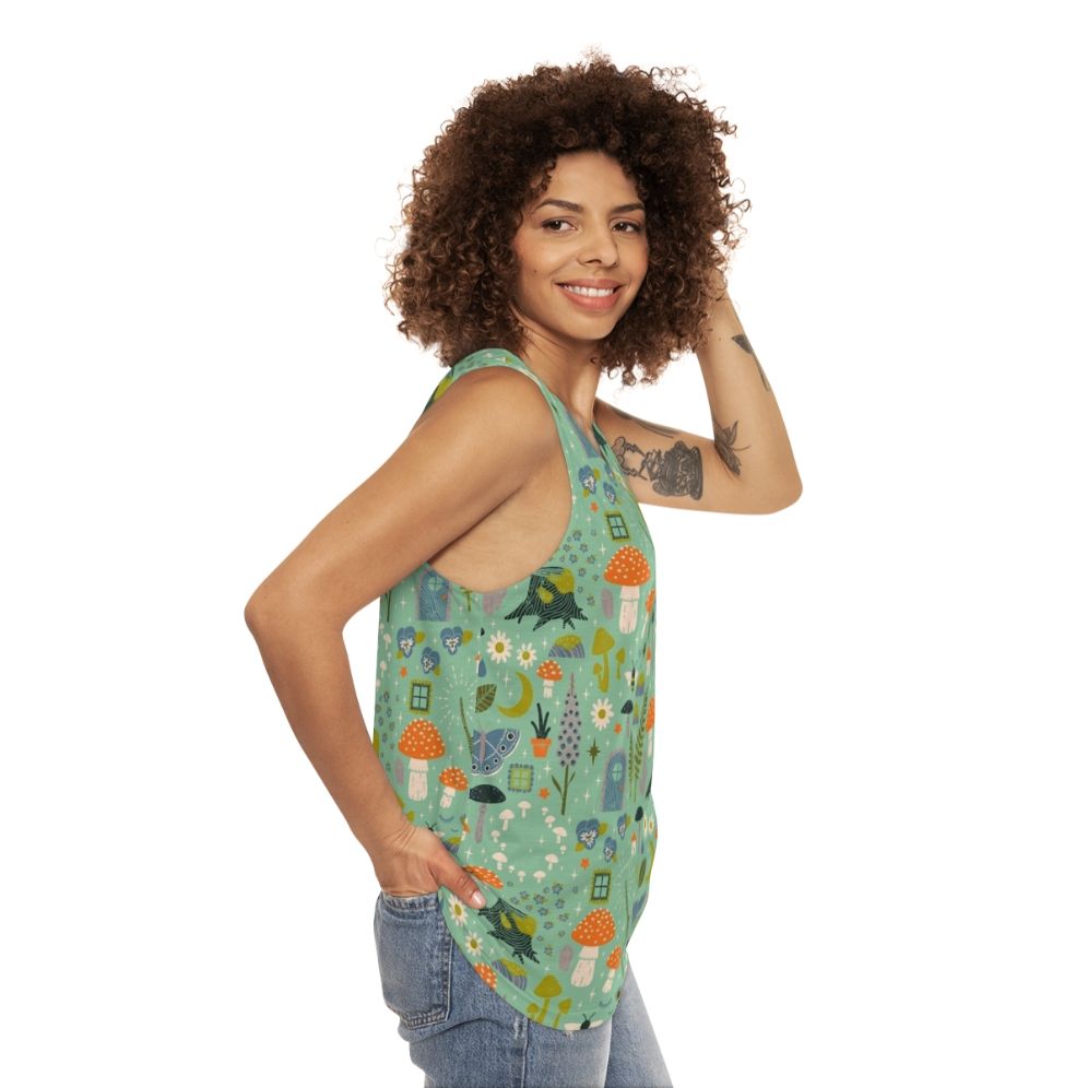 Fairy Garden Unisex Tank Top with Whimsical Floral Pattern - women side