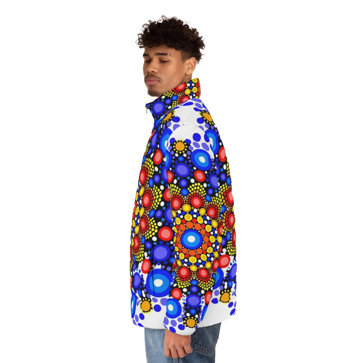 Vibrant circle pattern puffer jacket with a colorful and geometric mandala design - men side left