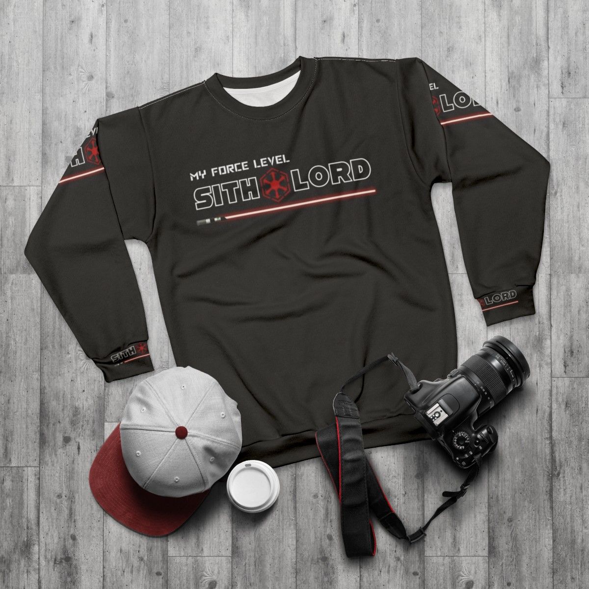 Sith Lord Sweatshirt with "My Force Level" Design - flat lay