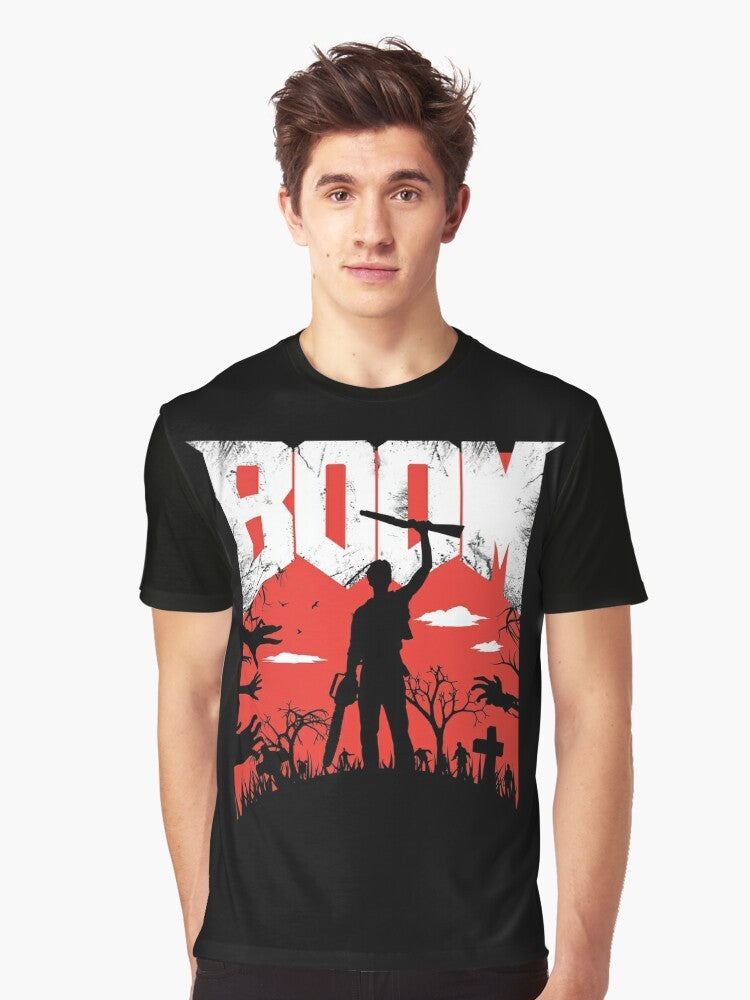 "This is my Boomstick!" Graphic T-Shirt featuring the iconic weapon from the Evil Dead franchise and Bruce Campbell's character Ash. - Men