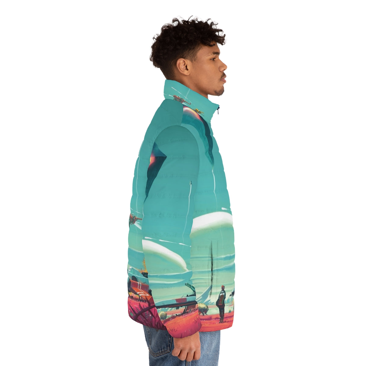 No Man's Sky Horizon Puffer Jacket featuring a spaceship design - men side right