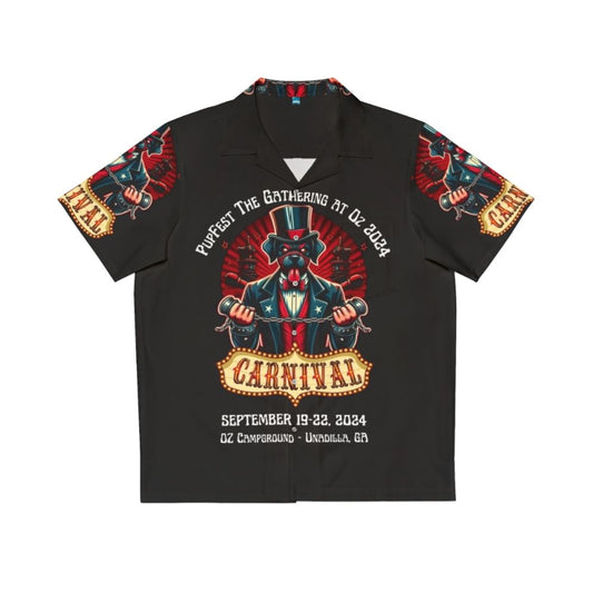 Dark carnival-themed Hawaiian shirt with pupfest graphics