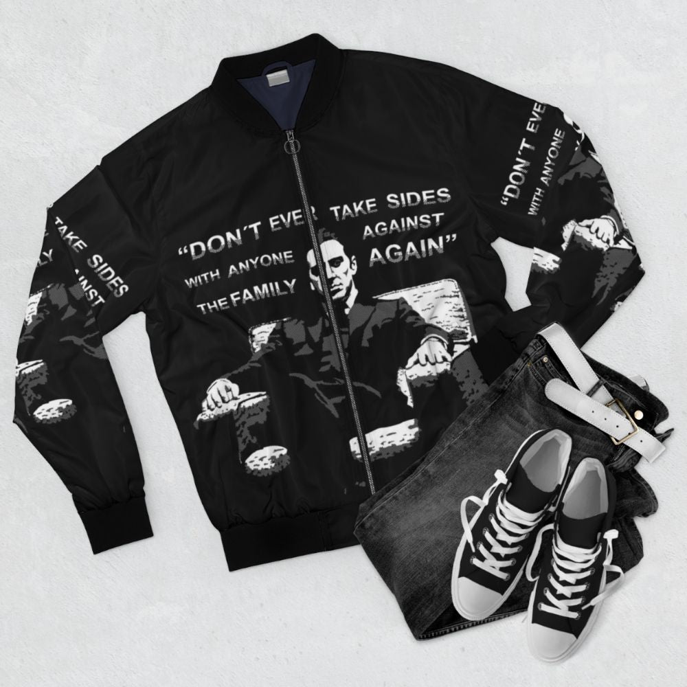 Michael Corleone inspired bomber jacket with iconic Godfather movie quote - Flat lay