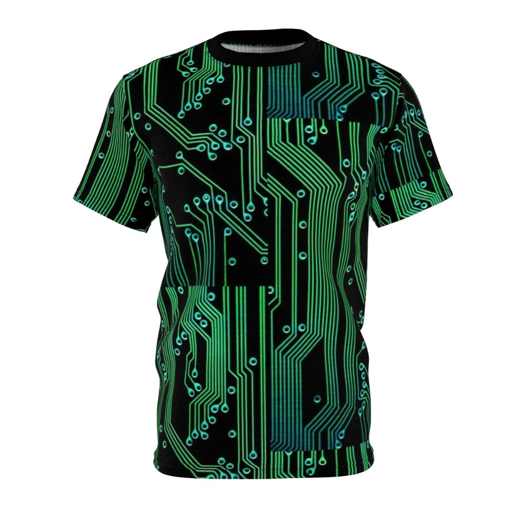 Cyberpunk-inspired circuit board graphic printed on a high-quality t-shirt