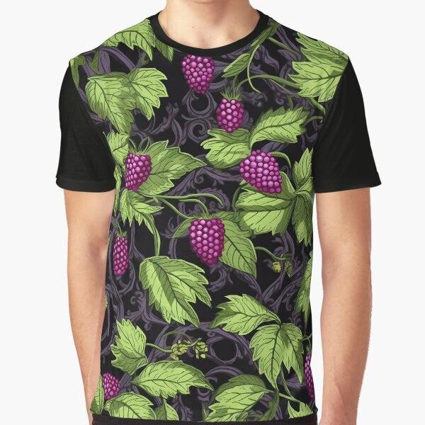 Vintage-style graphic t-shirt featuring vibrant marionberries and botanical elements in a whimsical, bohemian design.