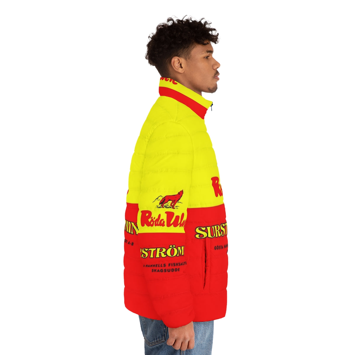 Stinky Fish Puffer Jacket featuring a unique seafood-inspired design for outdoor enthusiasts - men side right