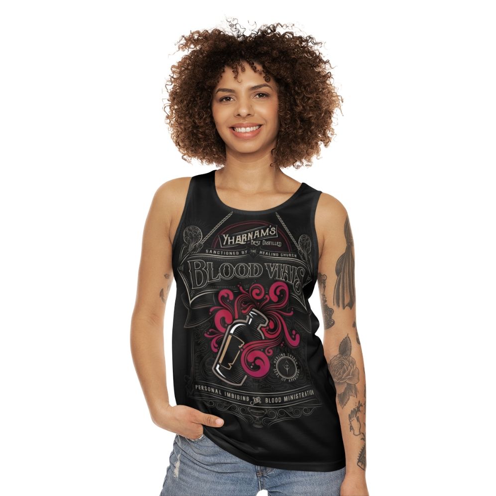 Yharnam's Blood Vials Unisex Tank Top featuring a gothic and Lovecraft-inspired design - women