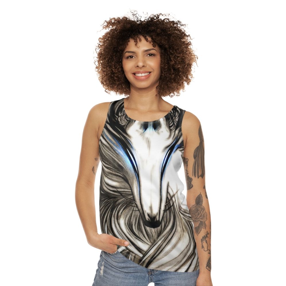 Winter wolf illustration on black and white unisex tank top - women