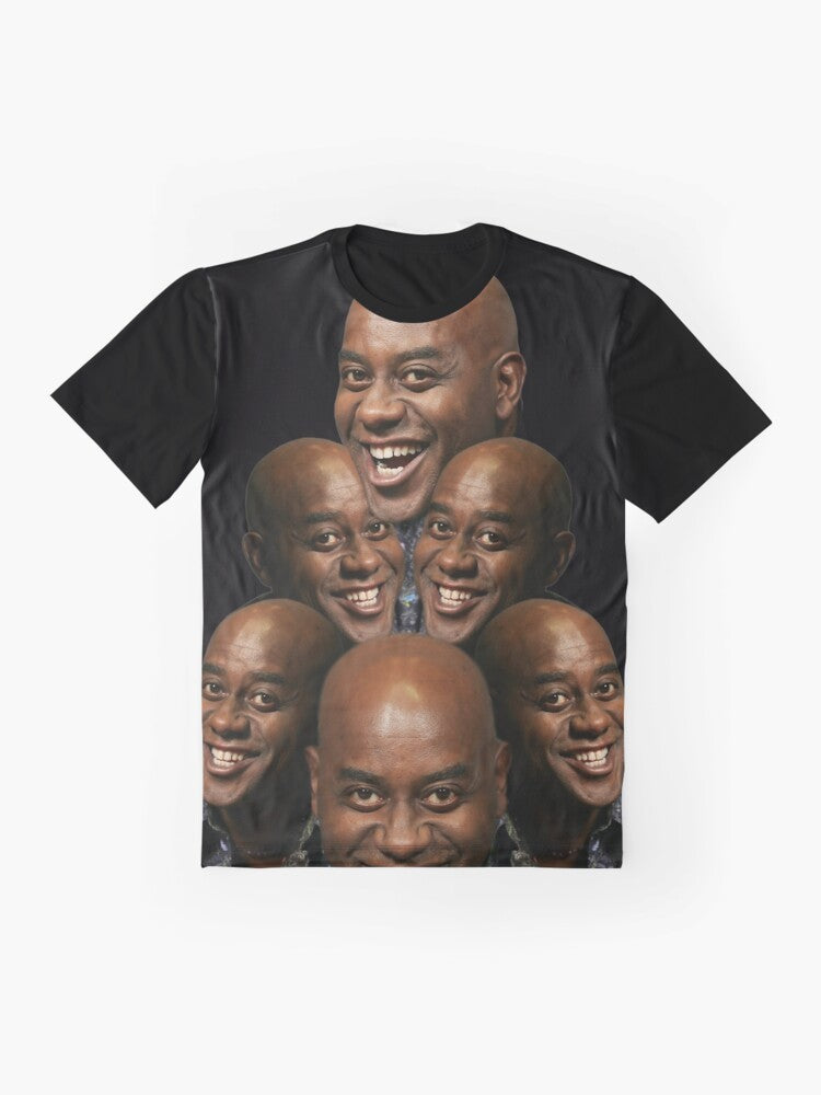 Ainsley Harriott graphic t-shirt featuring the famous chef's iconic catchphrase "Yeah bwoi!" - Flat lay