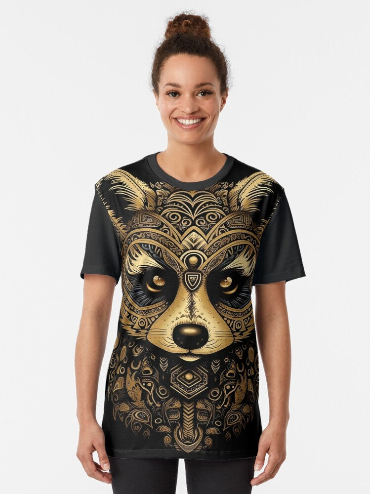 Golden raccoon surrounded by a intricate mandala pattern, digital illustration design - Women