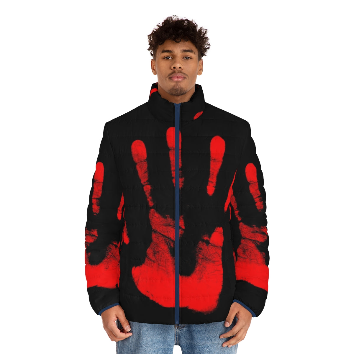 Red puffer jacket with "Red Right Hand" text, inspired by Nick Cave and The X-Files - men front