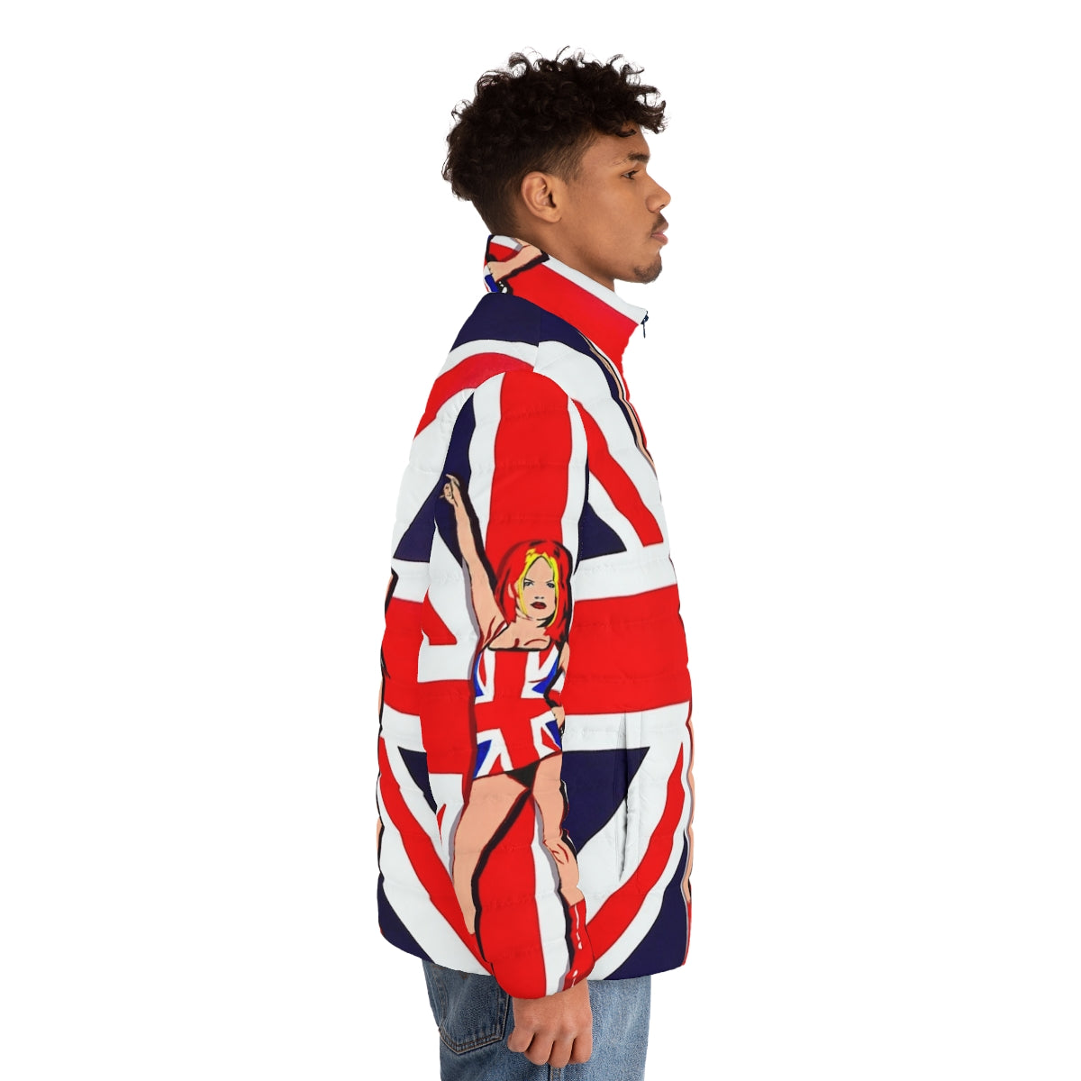 Union Jack puffer jacket, 90s inspired fashion - men side right