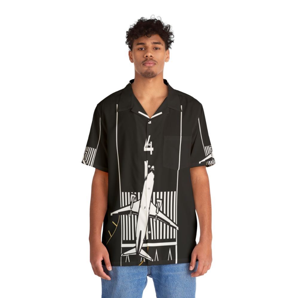 Aviation-inspired Hawaiian shirt with airport layout and runway 4 left design - People Front