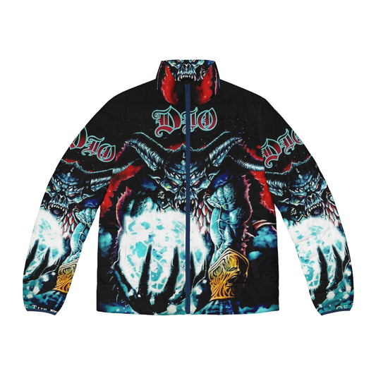 A puffer jacket featuring a metalhead design with a moon and demonic elements