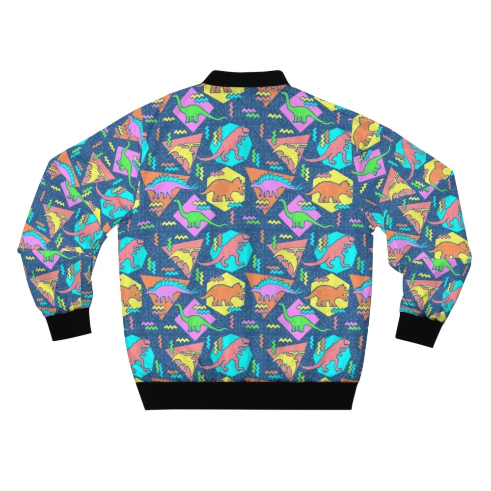 Nineties-inspired bomber jacket with a vibrant dinosaur and geometric pattern design. - Back