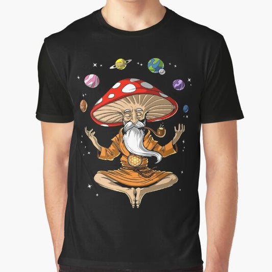 Trippy mushroom and buddha graphic design t-shirt for psychedelic, spiritual, and meditation enthusiasts